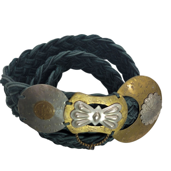 Baer SF Braided Belt Green Waxed Embellished Mixed Metals Discs Artsy Handmade - Picture 16 of 16